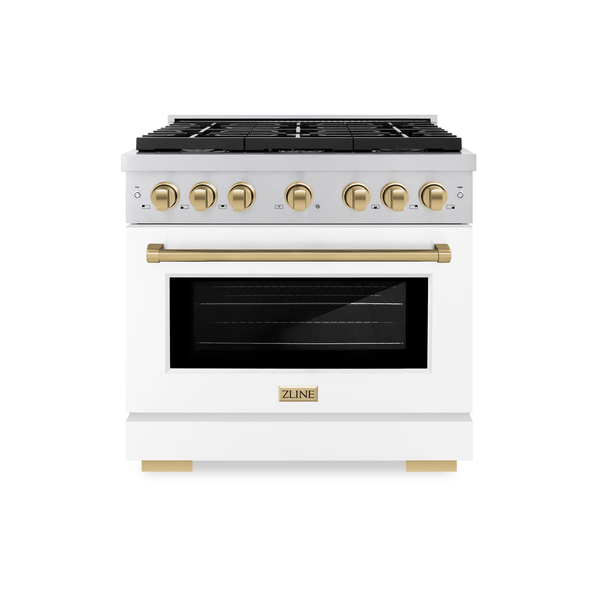 ZLINE Autograph Edition 36 in. 5.2 cu. ft. Paramount Dual Fuel Range with 6 Burner Gas Cooktop and Electric Convection Oven in Stainless Steel with White Matte Door and Champagne Bronze Accents (SDRZ-WM-36-CB) front.