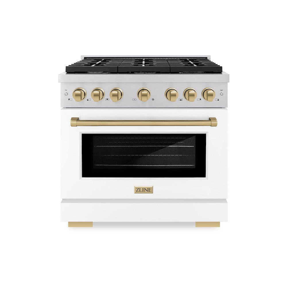 ZLINE Autograph Edition 36 in. 5.2 cu. ft. Paramount Gas Range with 6 Burner Cooktop and Convection Gas Oven in Stainless Steel with White Matte Door and Champagne Bronze Accents (SGRZ-WM-36-CB) front.