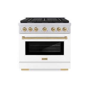 ZLINE Autograph Edition 36 in. 5.2 cu. ft. Paramount Gas Range with 6 Burner Cooktop and Convection Gas Oven in Stainless Steel with White Matte Door and Champagne Bronze Accents (SGRZ-WM-36-CB) front.