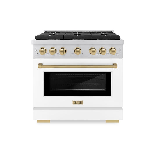 ZLINE Autograph Edition 36 in. 5.2 cu. ft. Paramount Gas Range with 6 Burner Cooktop and Convection Gas Oven in Stainless Steel with White Matte Door and Champagne Bronze Accents (SGRZ-WM-36-CB) front.
