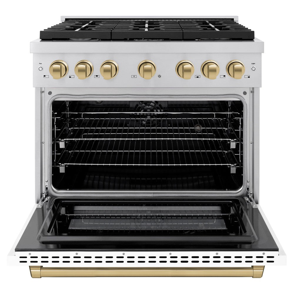 ZLINE Autograph Edition 36 in. 5.2 cu. ft. Paramount Dual Fuel Range with 6 Burner Gas Cooktop and Electric Convection Oven in Stainless Steel with White Matte Door and Champagne Bronze Accents (SDRZ-WM-36-CB) front, oven open.