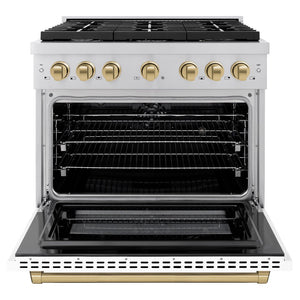 ZLINE Autograph Edition 36 in. 5.2 cu. ft. Paramount Dual Fuel Range with 6 Burner Gas Cooktop and Electric Convection Oven in Stainless Steel with White Matte Door and Champagne Bronze Accents (SDRZ-WM-36-CB) front, open.