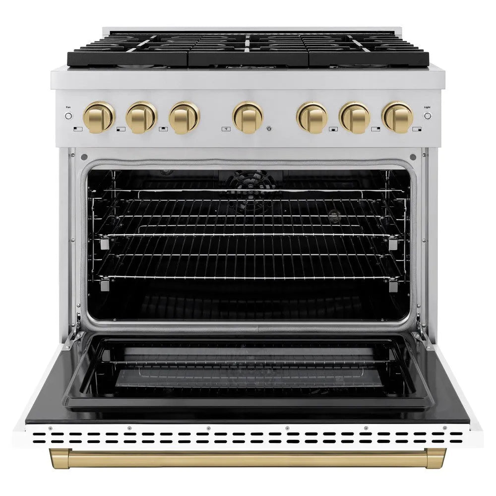 ZLINE Autograph Edition 36 in. 5.2 cu. ft. Paramount Dual Fuel Range with 6 Burner Gas Cooktop and Electric Convection Oven in Stainless Steel with White Matte Door and Champagne Bronze Accents (SDRZ-WM-36-CB) front, open.