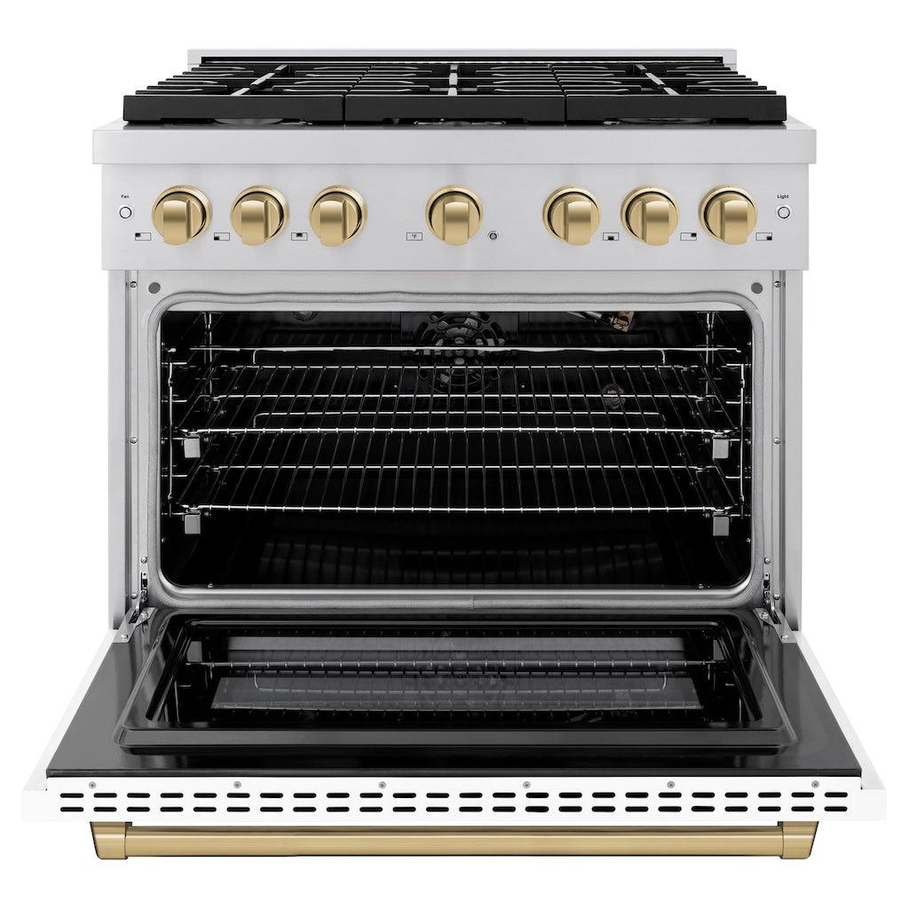 ZLINE Autograph Edition 36 in. 5.2 cu. ft. 6 Burner Gas Range with Convection Gas Oven in Stainless Steel with White Matte Door and Champagne Bronze Accents (SGRZ-WM-36-CB) front, with oven open.