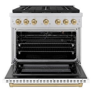 ZLINE Autograph Edition 36 in. 5.2 cu. ft. Paramount Gas Range with 6 Burner Cooktop and Convection Gas Oven in Stainless Steel with White Matte Door and Champagne Bronze Accents (SGRZ-WM-36-CB) front, open.