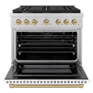 ZLINE Autograph Edition 36 in. 5.2 cu. ft. 6 Burner Gas Range with Convection Gas Oven in Stainless Steel with White Matte Door and Champagne Bronze Accents (SGRZ-WM-36-CB) front, oven open.