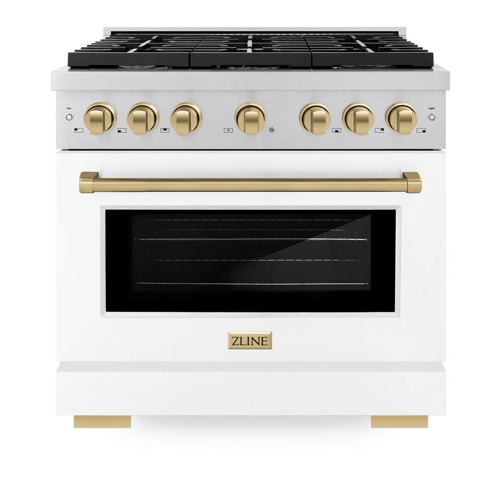 ZLINE Autograph Edition 36 in. 5.2 cu. ft. Paramount Dual Fuel Range with 6 Burner Gas Cooktop and Electric Convection Oven in Stainless Steel with White Matte Door and Champagne Bronze Accents (SDRZ-WM-36-CB) front, oven closed.