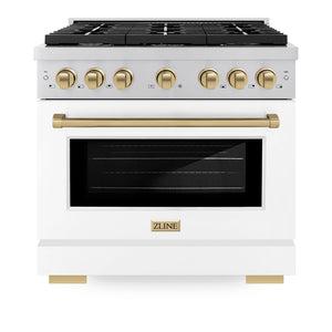 ZLINE Autograph Edition 36 in. 5.2 cu. ft. Paramount Dual Fuel Range with 6 Burner Gas Cooktop and Electric Convection Oven in Stainless Steel with White Matte Door and Champagne Bronze Accents (SDRZ-WM-36-CB) front, oven closed.