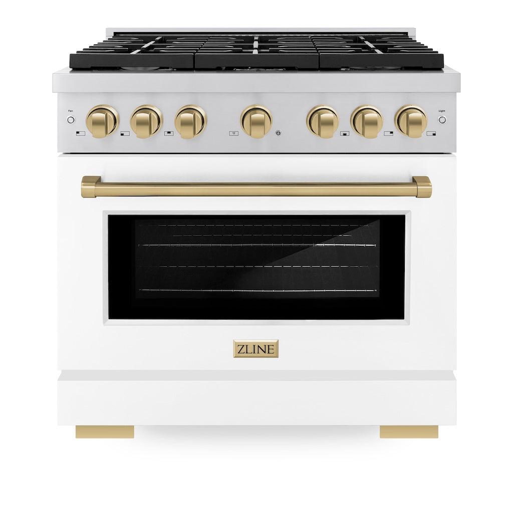 ZLINE Autograph Edition 36 in. 5.2 cu. ft. 6 Burner Gas Range with Convection Gas Oven in Stainless Steel with White Matte Door and Champagne Bronze Accents (SGRZ-WM-36-CB) front, oven closed.