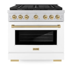 ZLINE Autograph Edition 36 in. 5.2 cu. ft. Paramount Gas Range with 6 Burner Cooktop and Convection Gas Oven in Stainless Steel with White Matte Door and Champagne Bronze Accents (SGRZ-WM-36-CB) front, oven closed.
