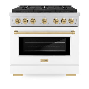 ZLINE Autograph Edition 36 in. 5.2 cu. ft. 6 Burner Gas Range with Convection Gas Oven in Stainless Steel with White Matte Door and Champagne Bronze Accents (SGRZ-WM-36-CB) front, oven closed.
