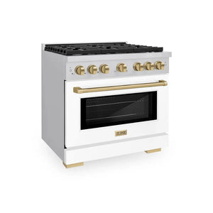 ZLINE Autograph Edition 36 in. 5.2 cu. ft. Paramount Dual Fuel Range with 6 Burner Gas Cooktop and Electric Convection Oven in Stainless Steel with White Matte Door and Champagne Bronze Accents (SDRZ-WM-36-CB) main image.