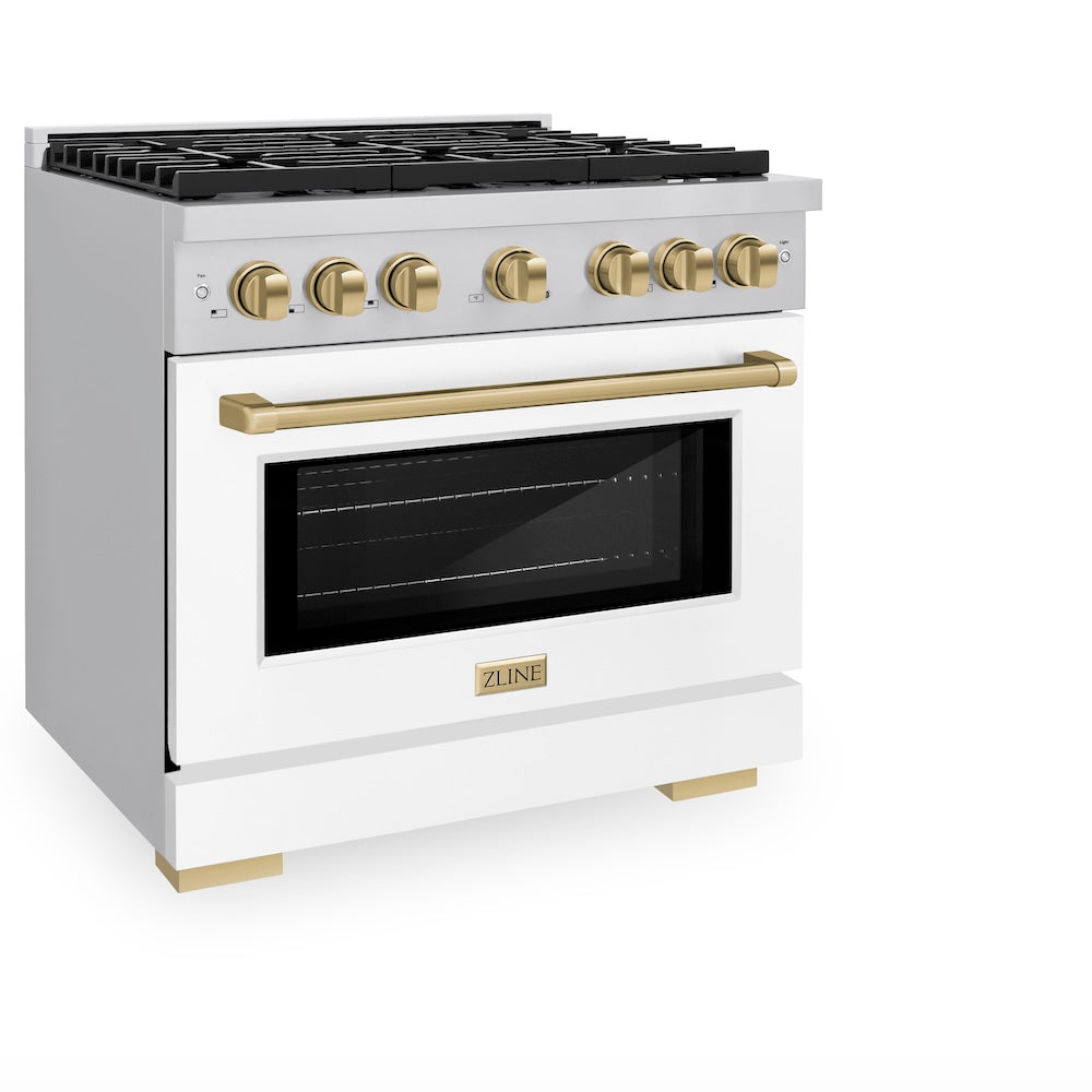 ZLINE Autograph Edition 36 in. 5.2 cu. ft. Paramount Gas Range with 6 Burner Cooktop and Convection Gas Oven in Stainless Steel with White Matte Door and Champagne Bronze Accents (SGRZ-WM-36-CB) side, oven closed.