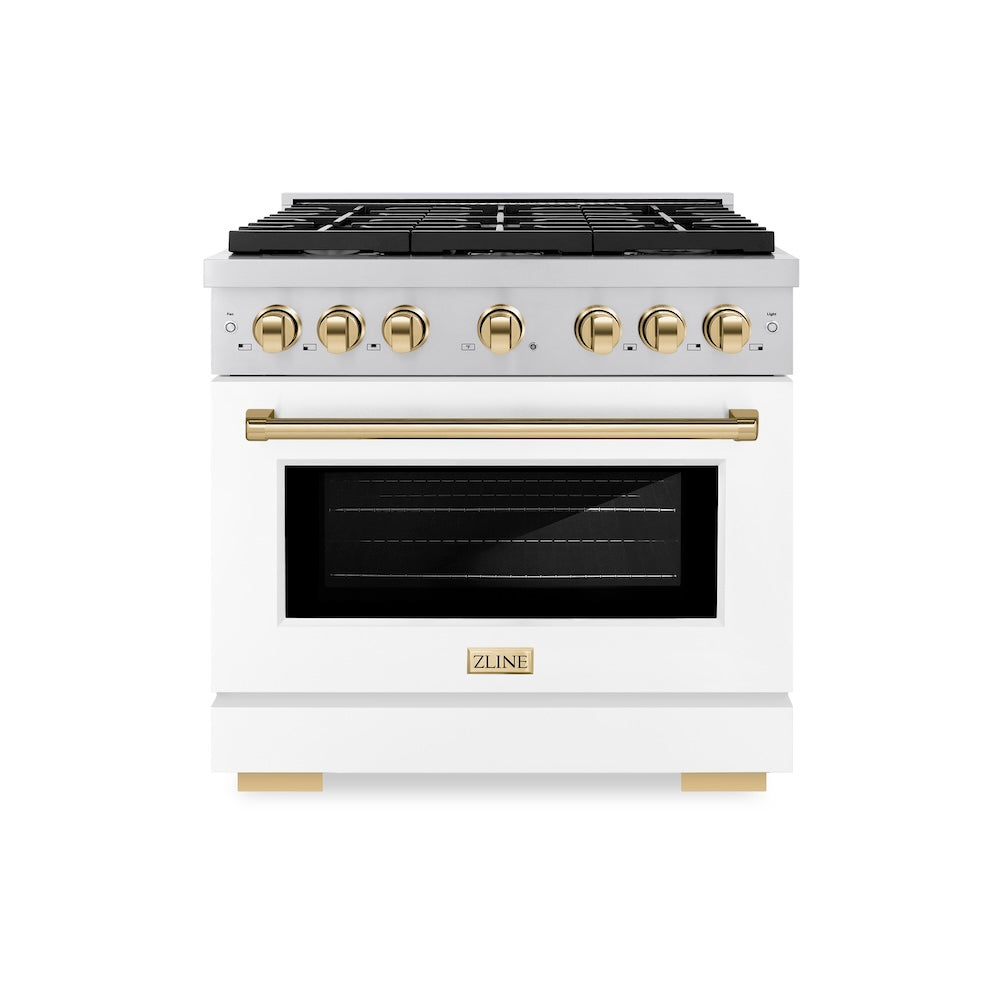 ZLINE Autograph Edition 36 in. 5.2 cu. ft. Paramount Gas Range with 6 Burner Cooktop and Convection Gas Oven in Stainless Steel with White Matte Door and Polished Gold Accents (SGRZ-WM-36-G) front.