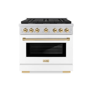 ZLINE Autograph Edition 36 in. 5.2 cu. ft. Paramount Gas Range with 6 Burner Cooktop and Convection Gas Oven in Stainless Steel with White Matte Door and Polished Gold Accents (SGRZ-WM-36-G) front.
