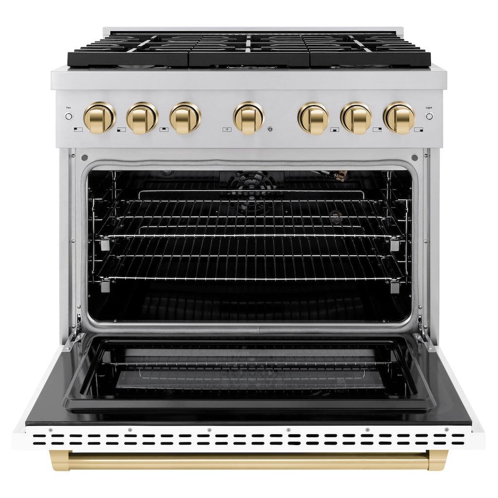 ZLINE Autograph Edition 36 in. 5.2 cu. ft. 6 Burner Gas Range with Convection Gas Oven in Stainless Steel with White Matte Door and Polished Gold Accents (SGRZ-WM-36-G) front, oven open.