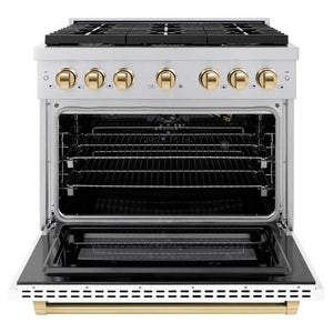ZLINE Autograph Edition 36 in. 5.2 cu. ft. Paramount Gas Range with 6 Burner Cooktop and Convection Gas Oven in Stainless Steel with White Matte Door and Polished Gold Accents (SGRZ-WM-36-G) front, open.