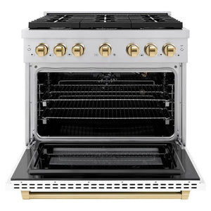 ZLINE Autograph Edition 36 in. 5.2 cu. ft. Paramount Gas Range with 6 Burner Cooktop and Convection Gas Oven in Stainless Steel with White Matte Door and Polished Gold Accents (SGRZ-WM-36-G) front, open.