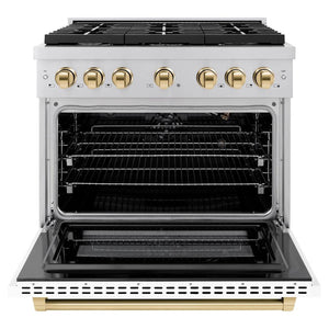 ZLINE Autograph Edition 36 in. 5.2 cu. ft. 6 Burner Gas Range with Convection Gas Oven in Stainless Steel with White Matte Door and Polished Gold Accents (SGRZ-WM-36-G) front, with oven open.