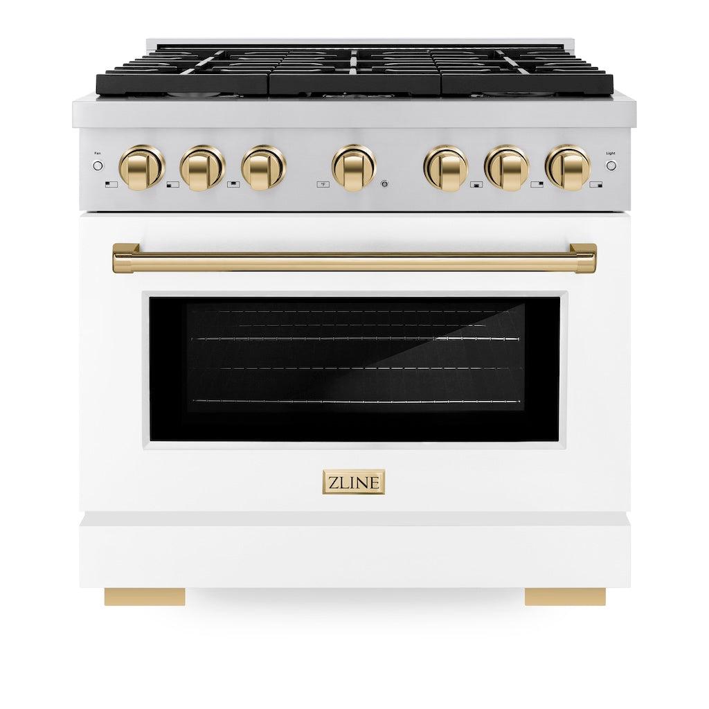 ZLINE Autograph Edition 36 in. 5.2 cu. ft. 6 Burner Gas Range with Convection Gas Oven in Stainless Steel with White Matte Door and Polished Gold Accents (SGRZ-WM-36-G) front, oven closed.