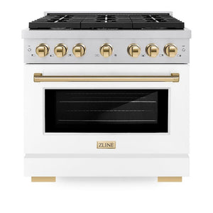 ZLINE Autograph Edition 36 in. 5.2 cu. ft. Paramount Gas Range with 6 Burner Cooktop and Convection Gas Oven in Stainless Steel with White Matte Door and Polished Gold Accents (SGRZ-WM-36-G) front, oven closed.