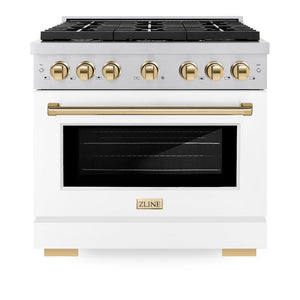ZLINE Autograph Edition 36 in. 5.2 cu. ft. 6 Burner Gas Range with Convection Gas Oven in Stainless Steel with White Matte Door and Polished Gold Accents (SGRZ-WM-36-G) front, oven closed.