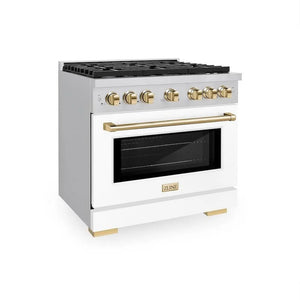 ZLINE Autograph Edition 36 in. 5.2 cu. ft. Paramount Gas Range with 6 Burner Cooktop and Convection Gas Oven in Stainless Steel with White Matte Door and Polished Gold Accents (SGRZ-WM-36-G) main image.