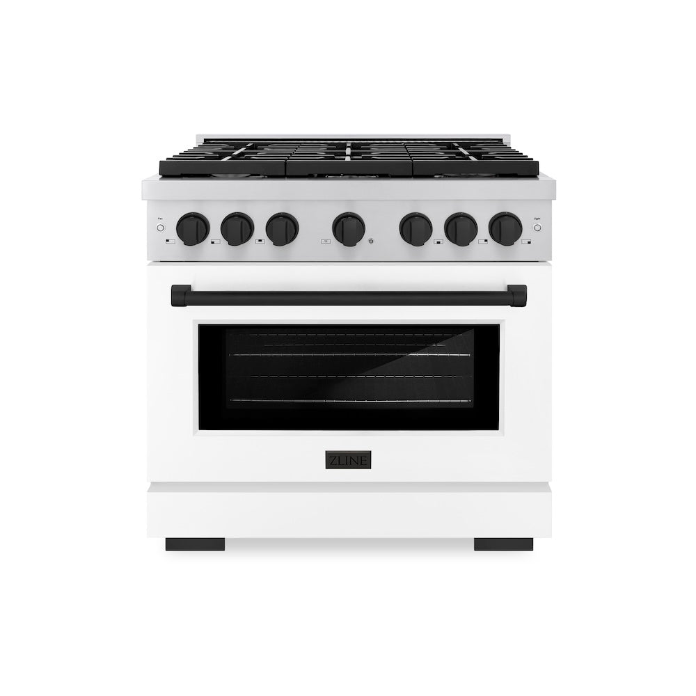 ZLINE Autograph Edition 36 in. 5.2 cu. ft. Paramount Gas Range with 6 Burner Cooktop and Convection Gas Oven in Stainless Steel with White Matte Door and Matte Black Accents (SGRZ-WM-36-MB) front.