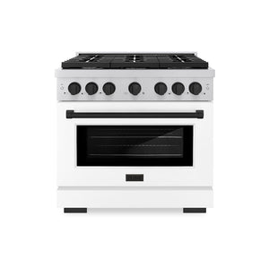 ZLINE Autograph Edition 36 in. 5.2 cu. ft. Paramount Gas Range with 6 Burner Cooktop and Convection Gas Oven in Stainless Steel with White Matte Door and Matte Black Accents (SGRZ-WM-36-MB) front.