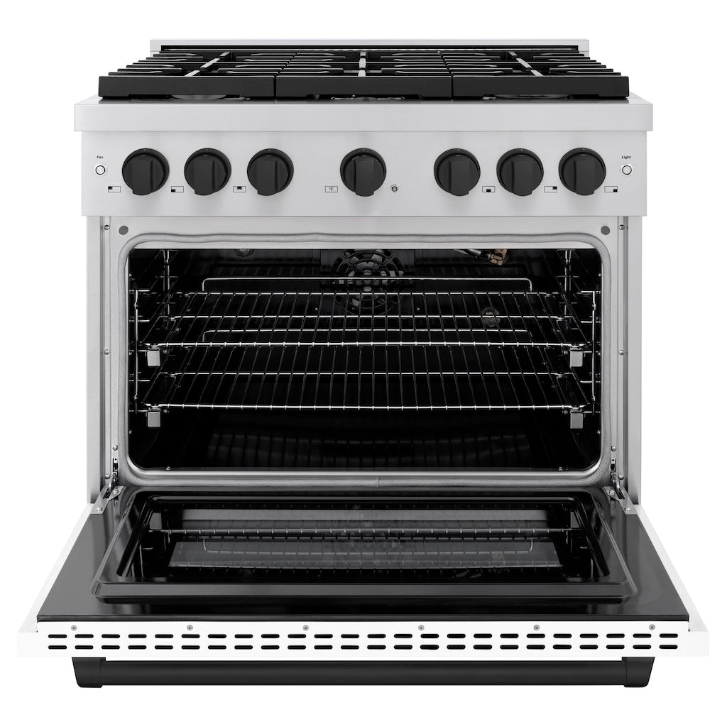 ZLINE Autograph Edition 36 in. 5.2 cu. ft. 6 Burner Gas Range with Convection Gas Oven in Stainless Steel with White Matte Door and Matte Black Accents (SGRZ-WM-36-MB) front, with oven open.