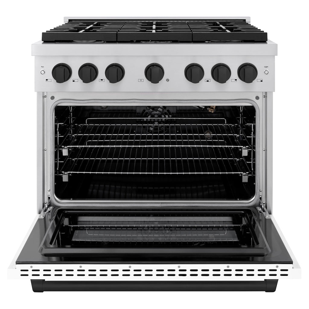 ZLINE Autograph Edition 36 in. 5.2 cu. ft. 6 Burner Gas Range with Convection Gas Oven in Stainless Steel with White Matte Door and Matte Black Accents (SGRZ-WM-36-MB) front, oven open.