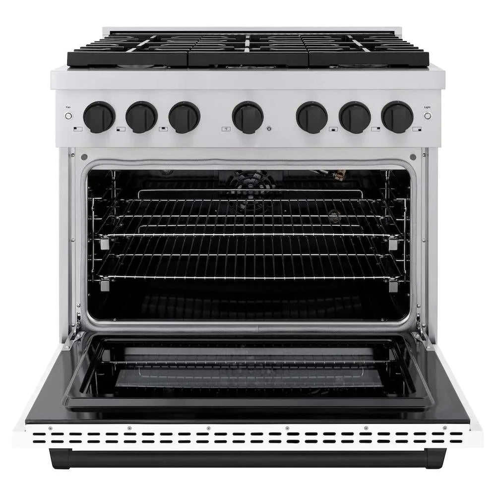 ZLINE Autograph Edition 36 in. 5.2 cu. ft. Paramount Gas Range with 6 Burner Cooktop and Convection Gas Oven in Stainless Steel with White Matte Door and Matte Black Accents (SGRZ-WM-36-MB) front, open.