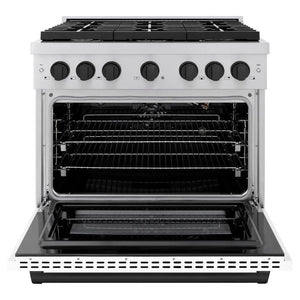 ZLINE Autograph Edition 36 in. 5.2 cu. ft. Paramount Gas Range with 6 Burner Cooktop and Convection Gas Oven in Stainless Steel with White Matte Door and Matte Black Accents (SGRZ-WM-36-MB) front, open.