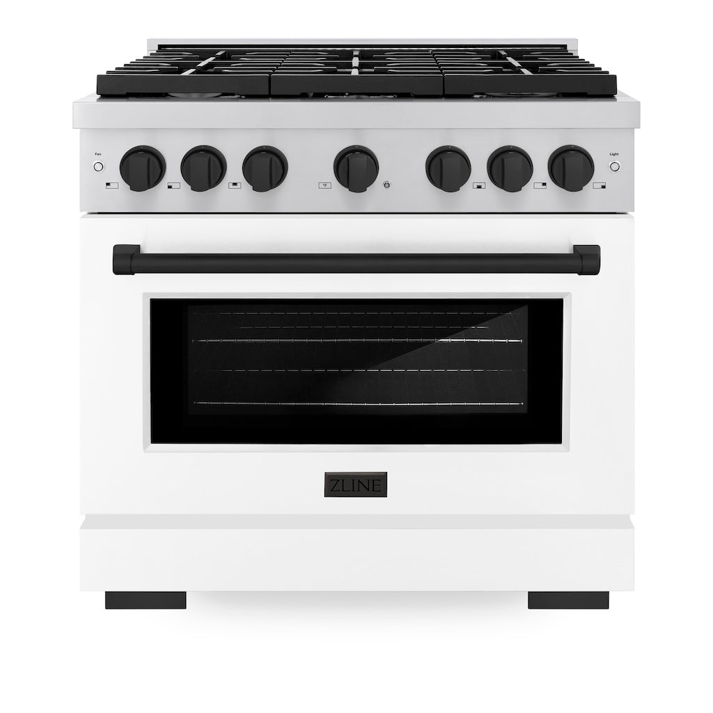 ZLINE Autograph Edition 36 in. 5.2 cu. ft. 6 Burner Gas Range with Convection Gas Oven in Stainless Steel with White Matte Door and Matte Black Accents (SGRZ-WM-36-MB) front, oven closed.
