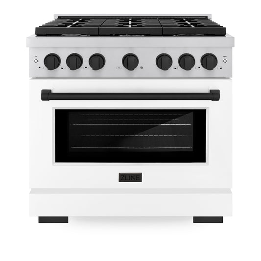 ZLINE Autograph Edition 36 in. 5.2 cu. ft. 6 Burner Gas Range with Convection Gas Oven in Stainless Steel with White Matte Door and Matte Black Accents (SGRZ-WM-36-MB) front, oven closed.