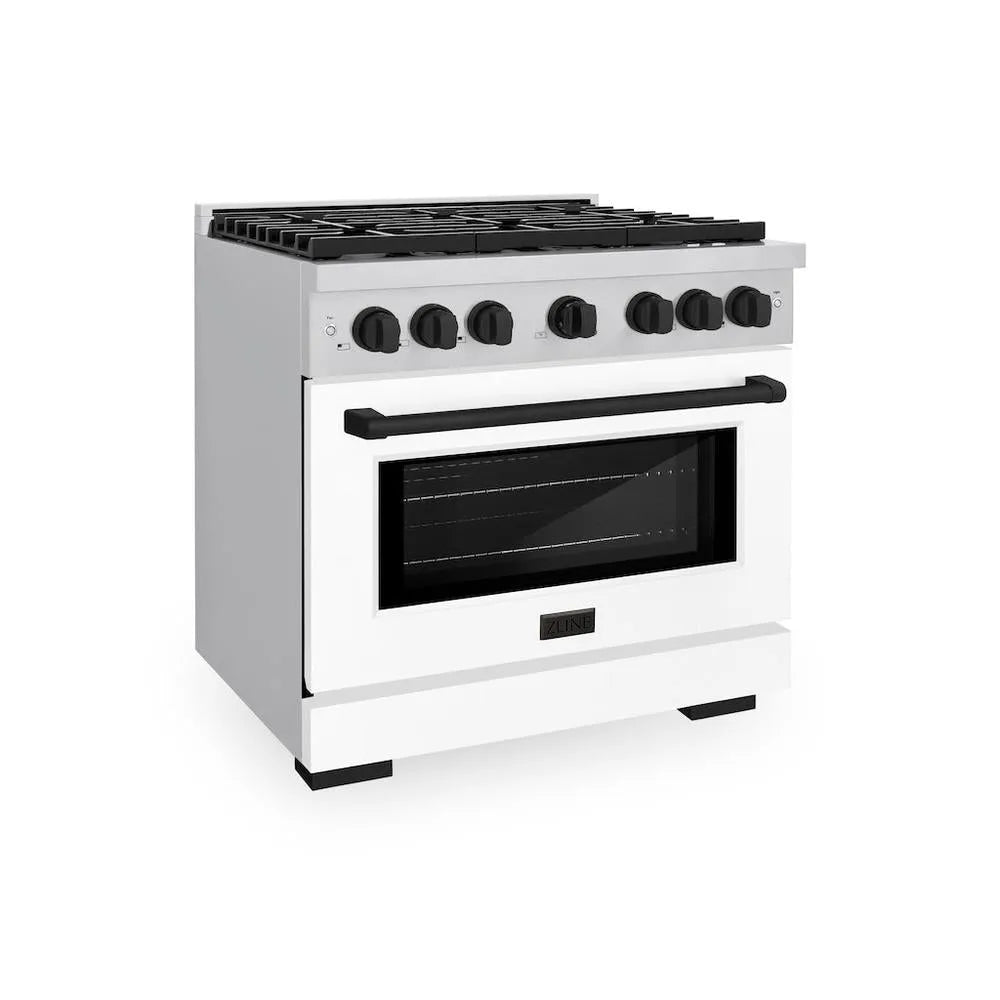 ZLINE Autograph Edition 36 in. 5.2 cu. ft. Paramount Gas Range with 6 Burner Cooktop and Convection Gas Oven in Stainless Steel with White Matte Door and Matte Black Accents (SGRZ-WM-36-MB) main image.