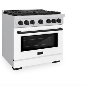 ZLINE Autograph Edition 36 in. 5.2 cu. ft. Paramount Gas Range with 6 Burner Cooktop and Convection Gas Oven in Stainless Steel with White Matte Door and Matte Black Accents (SGRZ-WM-36-MB) side, oven closed.