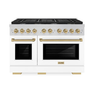 ZLINE Autograph Edition 48 in. 6.7 cu. ft. 8 Burner Double Oven Gas Range in Stainless Steel with White Matte Doors and Champagne Bronze Accents (SGRZ-WM-48-CB) front, oven closed.