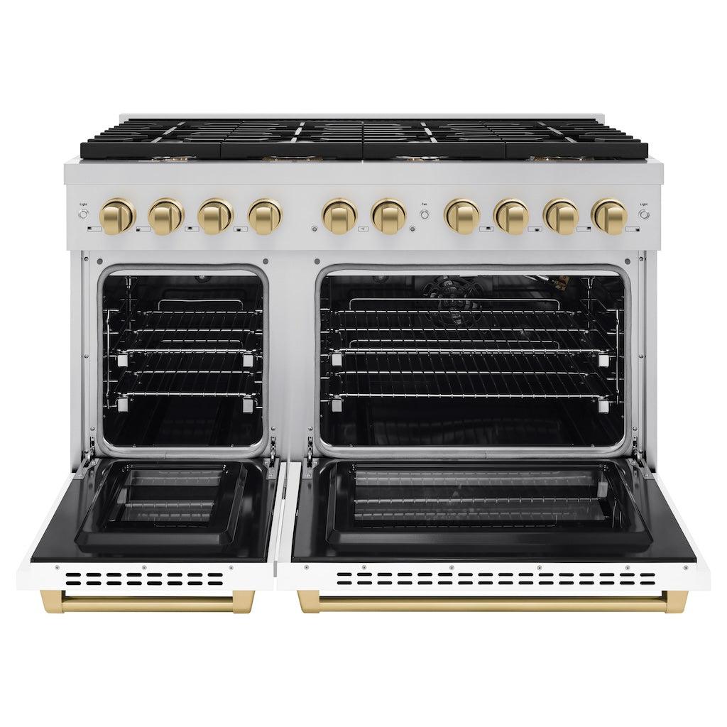 ZLINE Autograph Edition 48 in. 6.7 cu. ft. 8 Burner Double Oven Gas Range in Stainless Steel with White Matte Doors and Champagne Bronze Accents (SGRZ-WM-48-CB) front, with oven open.