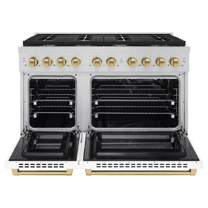 ZLINE Autograph Edition 48 in. 6.7 cu. ft. Paramount Double Oven Gas Range with 8 Burner Cooktop in Stainless Steel with White Matte Doors and Champagne Bronze Accents (SGRZ-WM-48-CB) front, open.