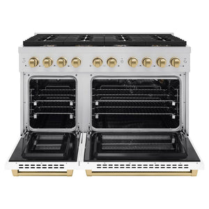 ZLINE Autograph Edition 48 in. 6.7 cu. ft. 8 Burner Double Oven Gas Range in Stainless Steel with White Matte Doors and Champagne Bronze Accents (SGRZ-WM-48-CB) front, oven open.