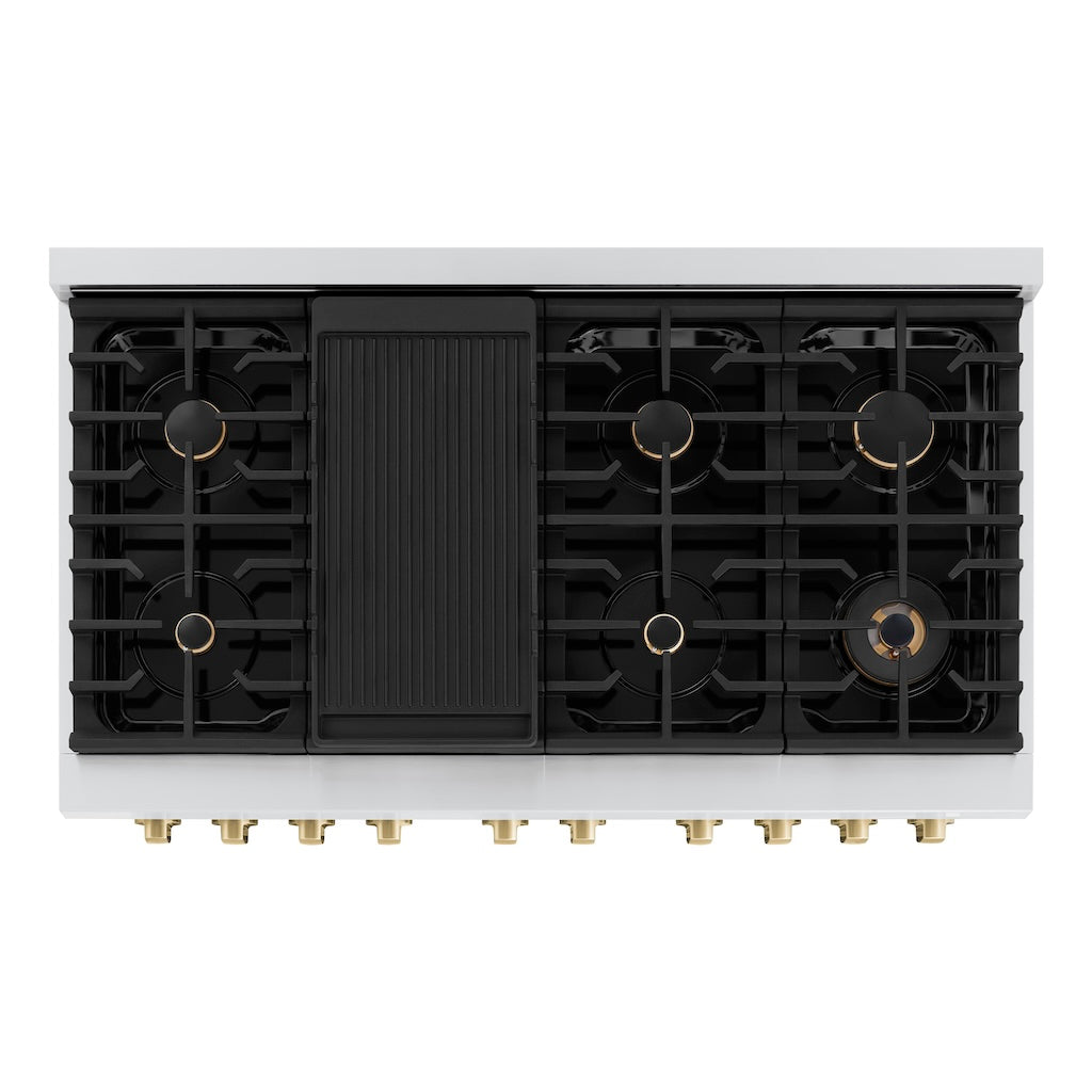ZLINE Autograph Edition 48 in. 6.7 cu. ft. 8 Burner Double Oven Gas Range in Stainless Steel with White Matte Doors and Champagne Bronze Accents (SGRZ-WM-48-CB) from above, showing gas burners, black porcelain cooktop, and cast-iron grates.