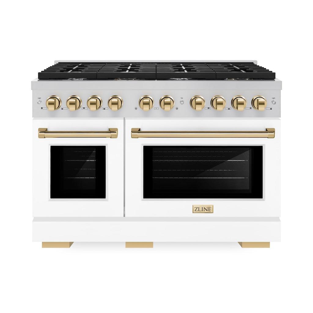 ZLINE Autograph Edition 48 in. 6.7 cu. ft. 8 Burner Double Oven Gas Range in Stainless Steel with White Matte Doors and Polished Gold Accents (SGRZ-WM-48-G) front, oven closed.