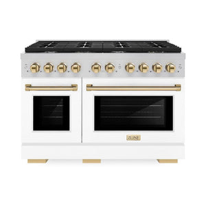 ZLINE Autograph Edition 48 in. 6.7 cu. ft. Paramount Double Oven Gas Range with 8 Burner Cooktop in Stainless Steel with White Matte Doors and Polished Gold Accents (SGRZ-WM-48-G) front, oven closed.