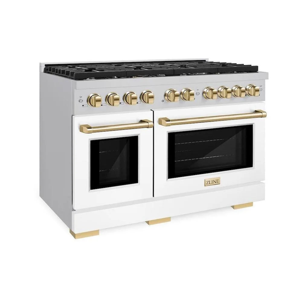 ZLINE Autograph Edition 48 in. 6.7 cu. ft. Paramount Double Oven Gas Range with 8 Burner Cooktop in Stainless Steel with White Matte Doors and Polished Gold Accents (SGRZ-WM-48-G) main image.