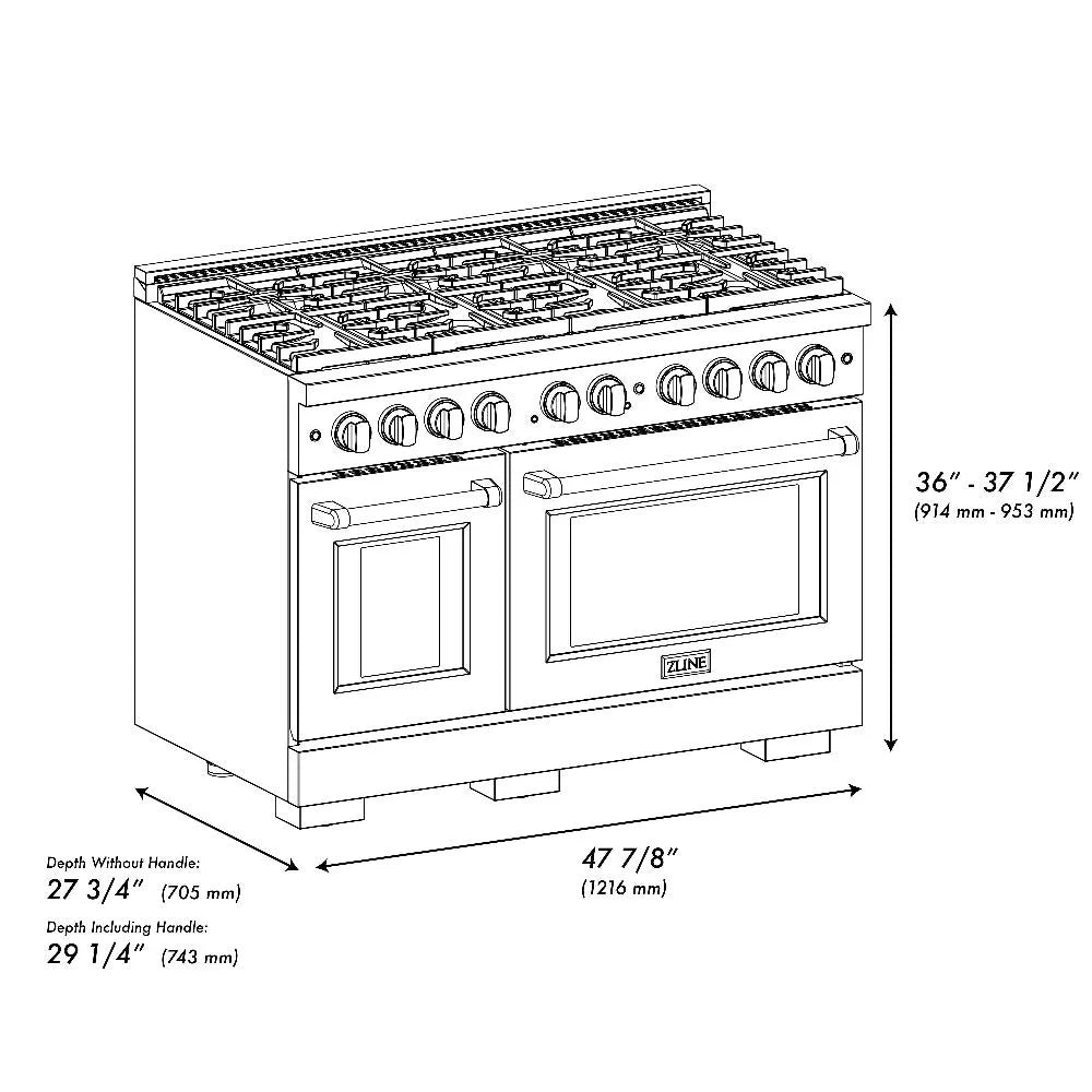 ZLINE Autograph Edition 48 in. 6.7 cu. ft. Paramount Double Oven Gas Range with 8 Burner Cooktop in Stainless Steel with White Matte Doors and Matte Black Accents (SGRZ-WM-48-MB) dimensional diagram.