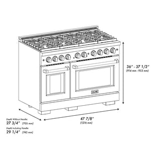 ZLINE Autograph Edition 48 in. 6.7 cu. ft. Paramount Double Oven Gas Range with 8 Burner Cooktop in Stainless Steel with White Matte Doors and Matte Black Accents (SGRZ-WM-48-MB) dimensional diagram.