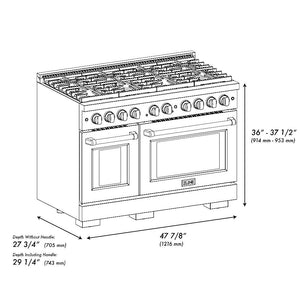 ZLINE Autograph Edition 48 in. 6.7 cu. ft. 8 Burner Double Oven Gas Range in Stainless Steel with White Matte Doors and Matte Black Accents (SGRZ-WM-48-MB) dimensional diagram.