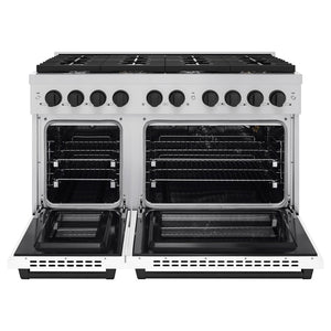 ZLINE Autograph Edition 48 in. 6.7 cu. ft. Paramount Double Oven Gas Range with 8 Burner Cooktop in Stainless Steel with White Matte Doors and Matte Black Accents (SGRZ-WM-48-MB) front, open.