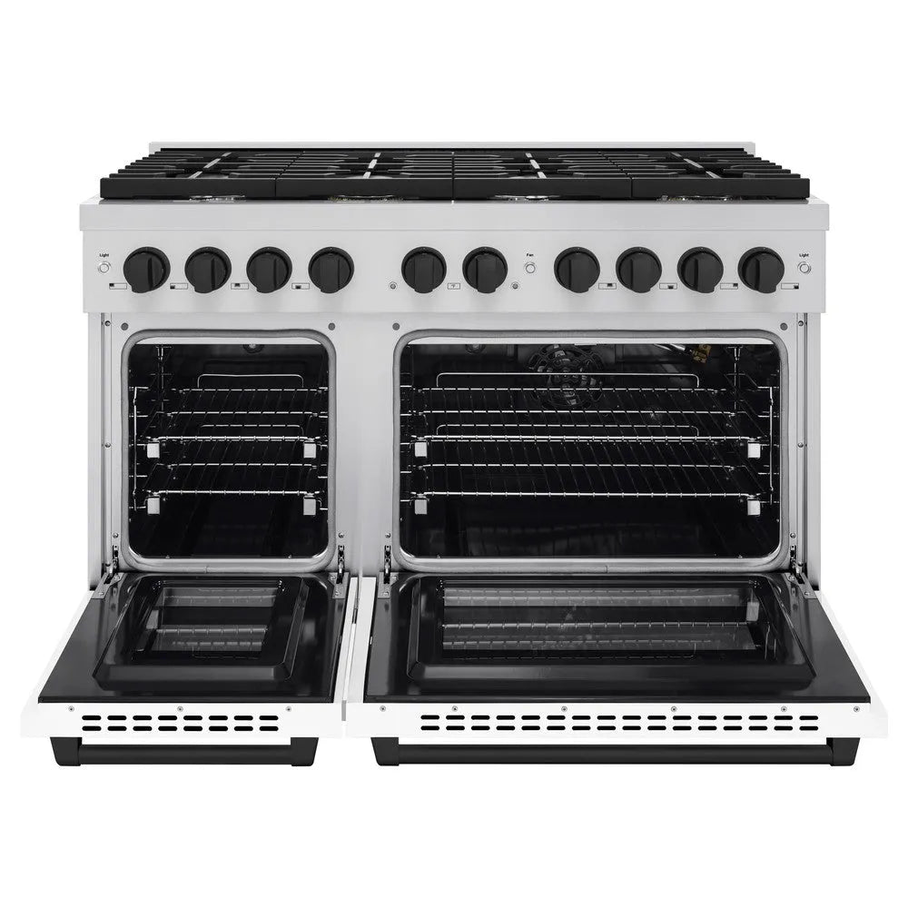ZLINE Autograph Edition 48 in. 6.7 cu. ft. Paramount Double Oven Gas Range with 8 Burner Cooktop in Stainless Steel with White Matte Doors and Matte Black Accents (SGRZ-WM-48-MB) front, open.